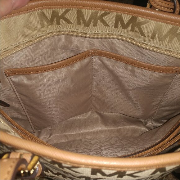 Michael Kors Tan MK Logo Canvas Shoulder Bag W/Brown Leather Trim - Medium Sized - Picture 13 of 15